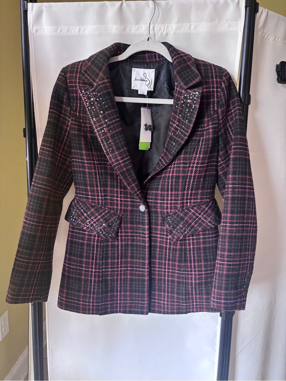 Sam Edelman NWT Black and Pink Plaid Studded Blazer